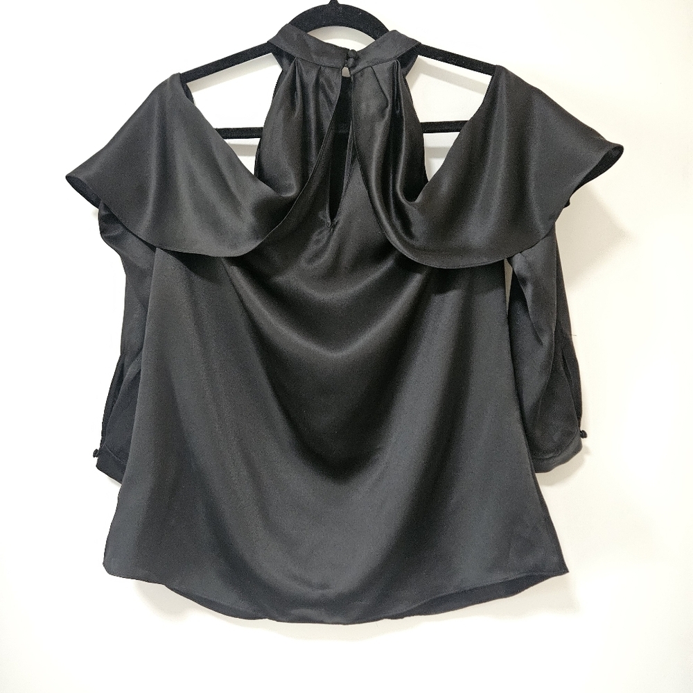 Parker Sonelle Mock-Neck Cold-Shoulder Silk Satin Blouse Color Black - Picture 2 of 9